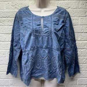 LUCKY BRAND Sz L  Blue Eyelet Long Sleeve Boho Peasant Tunic Keyhole Blouse • G‼